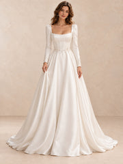 Square Neck Satin Long Sleeves Ball Gown Wedding Dress With Pearl Beading