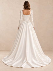Square Neck Satin Long Sleeves Ball Gown Wedding Dress With Pearl Beading