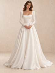 Square Neck Satin Long Sleeves Ball Gown Wedding Dress With Pearl Beading
