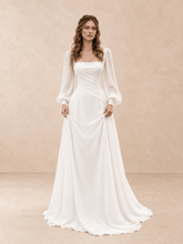 Square Neck Satin Wedding Dress with Chiffon Bishop Sleeves