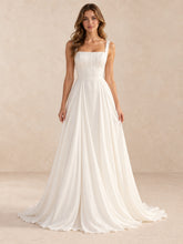 Square Neckline Pearl-Detail Satin Sleeveless A-Line Wedding Dress
