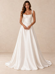 Square Neckline Satin A-Line Wedding Dress with Pearl-Beaded