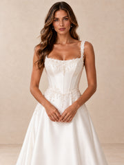 Square Neckline Satin A-Line Wedding Dress with Pearl-Beaded