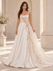 Square Strap Gold Floral Embroidered A-Line Satin Wedding Dress with Chapel Train