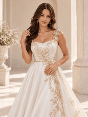 Square Strap Gold Floral Embroidered A-Line Satin Wedding Dress with Chapel Train