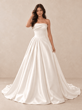 Strapless Asymmetric Draped White Satin Ball Gown Wedding Dress