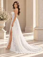 Strapless Blue Floral Embroidered A-Line Wedding Dress with Slit