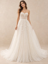 Strapless Floral Appliqué A-Line Wedding Dress with Chapel Train