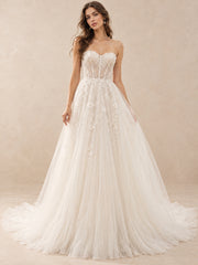 Strapless Floral Appliqué A-Line Wedding Dress with Chapel Train