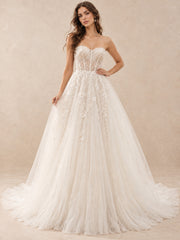 Strapless Floral Appliqué A-Line Wedding Dress with Chapel Train