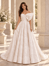 Strapless Floral Jacquard Ball Gown Wedding Dress with Sculptural Bow