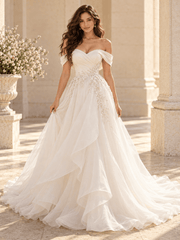 Strapless Floral Lace Ball Gown Wedding Dress with Layered Tulle