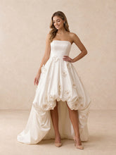 Strapless Satin High-Low Wedding Dress with Floral Appliqué and Sweep Train
