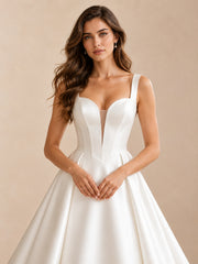 Sweetheart Neckline Satin A-Line Wedding Dress With Long Train