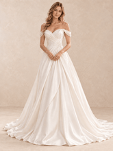 Sweetheart Off-the-Shoulder Satin A-Line Wedding Dress with Draped Bodice