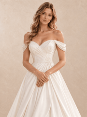 Sweetheart Off-the-Shoulder Satin A-Line Wedding Dress with Draped Bodice