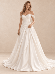 Sweetheart Off-the-Shoulder Satin A-Line Wedding Dress with Draped Bodice