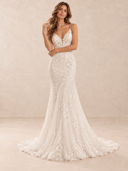 V-Neck Floral Lace Mermaid Wedding Dress with Chapel Train