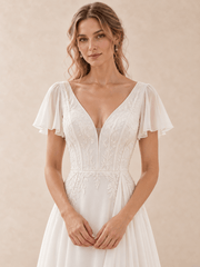 V-Neck Flutter Sleeve Embroidered Lace A-Line Chiffon Wedding Dress