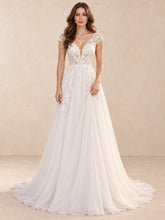 V-Neck Lace A-Line Wedding Dress with Cap Sleeves