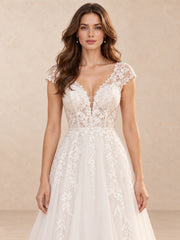 V-Neck Lace A-Line Wedding Dress with Cap Sleeves