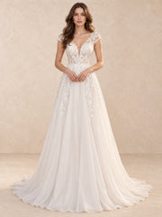V-Neck Lace A-Line Wedding Dress with Cap Sleeves