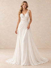 V-Neck Lace Appliqué Chiffon A-Line Wedding Dress With Sweep Train
