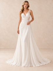 V-Neck Lace Appliqué Chiffon A-Line Wedding Dress With Sweep Train