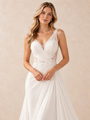 V-Neck Lace Appliqué Chiffon A-Line Wedding Dress With Sweep Train