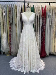 V-Neck Lace Fit-and-Flare Wedding Dress with Open Back and Chapel Train