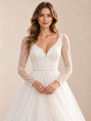 V-Neck Long Lace Sleeves A-Line Wedding Dress With Pearl-Accent