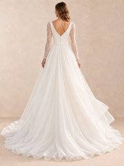 V-Neck Long Lace Sleeves A-Line Wedding Dress With Pearl-Accent