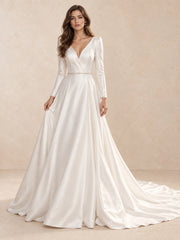V-Neck Long Sleeves Satin Wedding Dress with Sweep Train