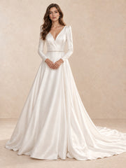 V-Neck Long Sleeves Satin Wedding Dress with Sweep Train