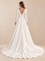 V-Neck Long Sleeves Satin Wedding Dress with Sweep Train