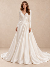 V-neck Long Sleeve Satin Ball Gown Wedding Dress With Pearl