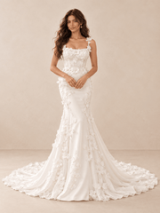 White 3D Floral Appliqué Satin Mermaid Wedding Dress with Chapel Train