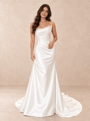 White Asymmetric Draped Mikado Satin Wedding Dress with Chapel Train