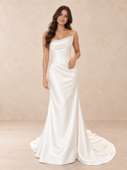 White Asymmetric Draped Mikado Satin Wedding Dress with Chapel Train