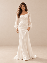 White Asymmetric Draped Satin Wedding Dress with Sheer Chiffon Sleeves