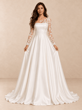 White Asymmetric Lace Illusion Neck Satin A-Line Wedding Dress
