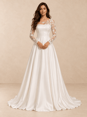 White Asymmetric Lace Illusion Neck Satin A-Line Wedding Dress