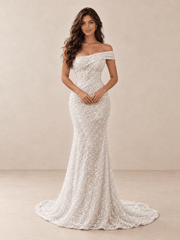 White Asymmetric Off-the-Shoulder Sequin Mermaid Wedding Dress