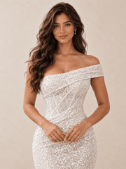 White Asymmetric Off-the-Shoulder Sequin Mermaid Wedding Dress