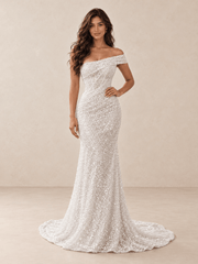 White Asymmetric Off-the-Shoulder Sequin Mermaid Wedding Dress