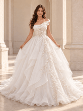 White Asymmetrical Draped Organza Wedding Dress with Pearl Vine Embroidery