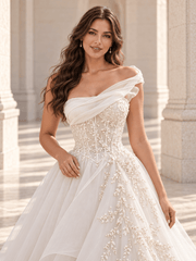 White Asymmetrical Draped Organza Wedding Dress with Pearl Vine Embroidery