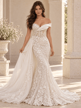 White Asymmetrical Lace Mermaid Wedding Dress with Detachable Tulle Overskirt