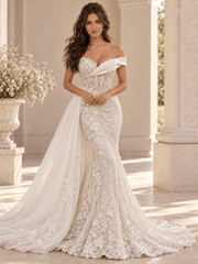 White Asymmetrical Lace Mermaid Wedding Dress with Detachable Tulle Overskirt