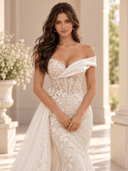 White Asymmetrical Lace Mermaid Wedding Dress with Detachable Tulle Overskirt